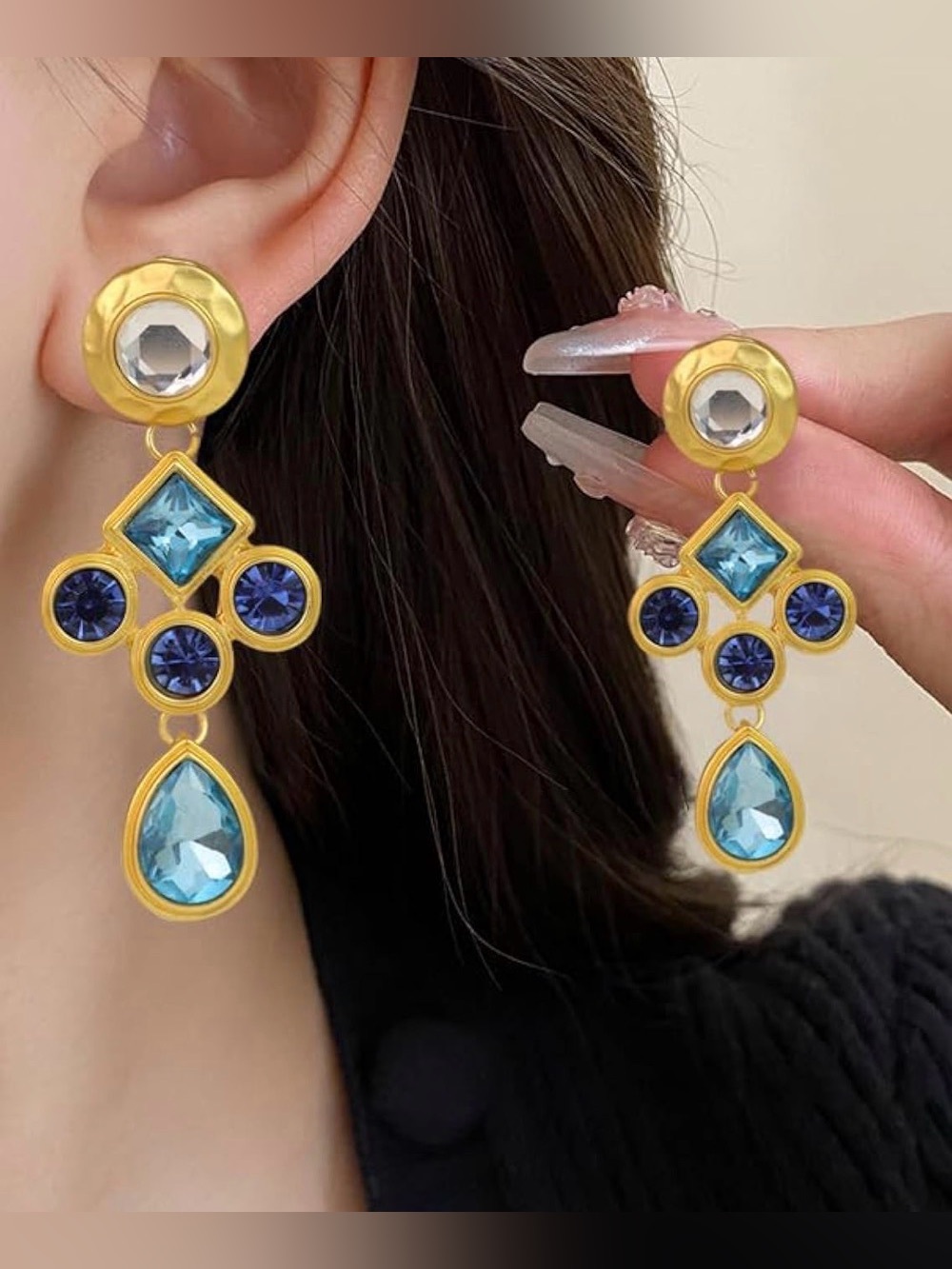 NEW Blue Crystal Statement Drop Earrings | Gold Tone Bridal Party Resort
